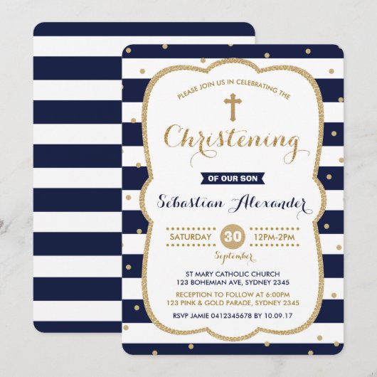 Navy & Gold Boy doopuitnodiging Confetti Kaart (Voorkant / Achterkant)