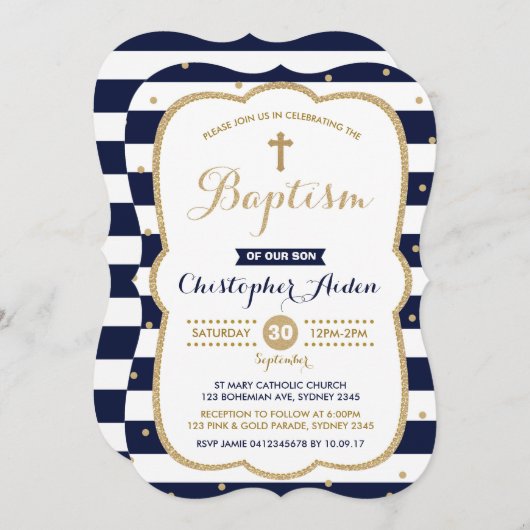 Navy & Gold Boy Doopuitnodiging Confetti Kaart (Voorkant / Achterkant)