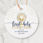 Navy & Gold Boy First Heilige Communie Dank u Bedankjes Labels (Voorkant)