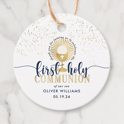 Navy & Gold Boy First Heilige Communie Dank u Bedankjes Labels (Voorkant)