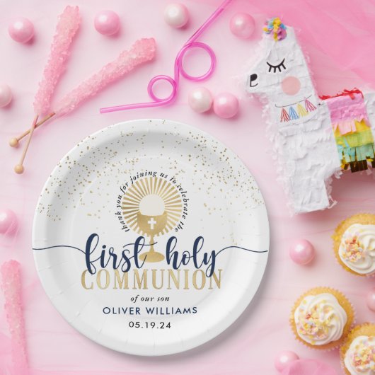 Navy & Gold Boy First Heilige Communie Dank u Papieren Bordje (Feest)