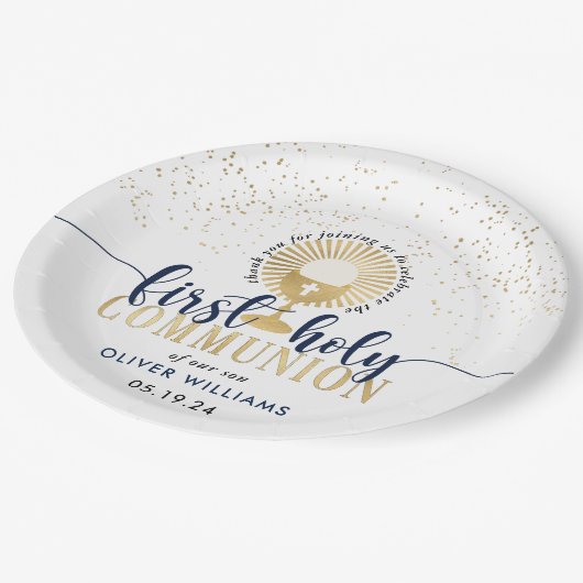 Navy & Gold Boy First Heilige Communie Dank u Papieren Bordje (Gekanteld)