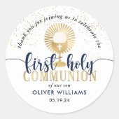 Navy & Gold Boy First Heilige Communie Dank u Ronde Sticker (Voorkant)