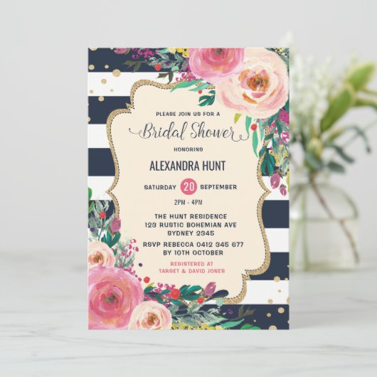 Navy Gold Bridal Shower Invitation Rustic Floral Kaart (Staand voorkant)