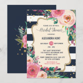Navy Gold Bridal Shower Invitation Rustic Floral Kaart (Voorkant / Achterkant)