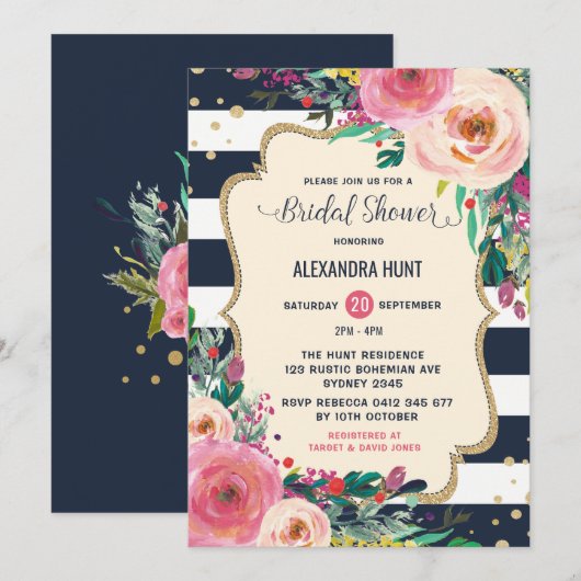 Navy Gold Bridal Shower Invitation Rustic Floral Kaart (Voorkant / Achterkant)