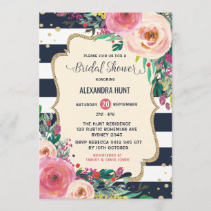 Navy Gold Bridal Shower Invitation Rustic Floral Kaart