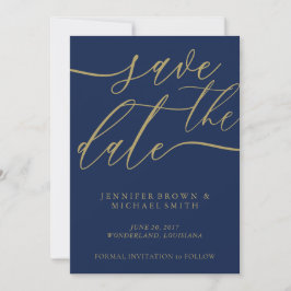 Navy Gold Bruiloft Opslaan Datum Foto Kalligrafie Save The Date