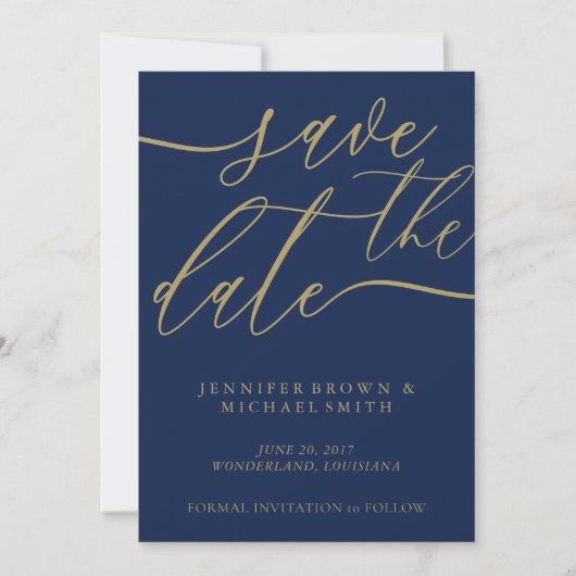 Navy Gold Bruiloft Opslaan Datum Foto Kalligrafie Save The Date (Voorkant)
