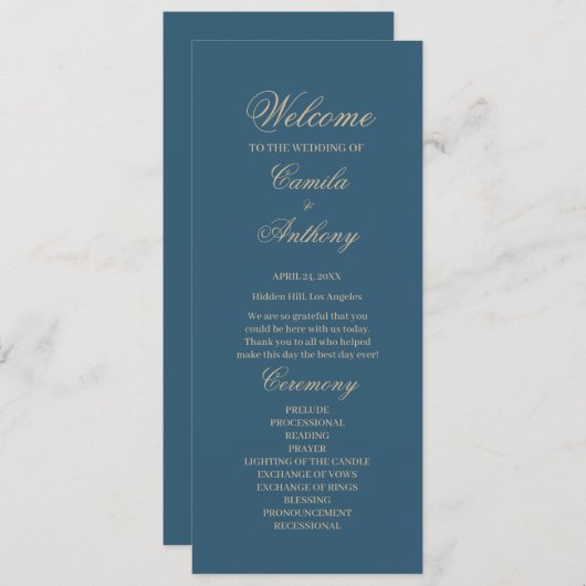 Navy Gold bruiloft Programmakaart (Voorkant / Achterkant)