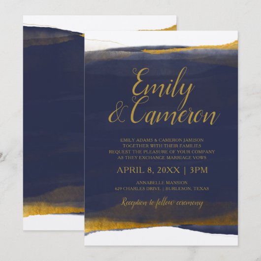Navy & Gold bruiloft uitnodigingen - Waterverf Fol (Voorkant / Achterkant)