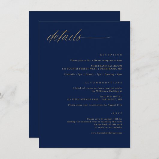 Navy Gold Bruiloft Zachte Delicate Romantische Det Informatiekaartje (Voorkant / Achterkant)