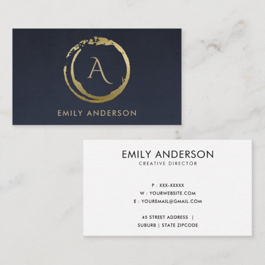 NAVY GOLD BRUSH STROKE STAIN CIRCLE LOGO MONOGRAM VISITEKAARTJE (Voorkant / Achterkant)