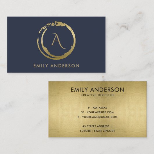 NAVY GOLD BRUSH STROKE STAIN CIRCLE LOGO MONOGRAM VISITEKAARTJE (Voorkant / Achterkant)