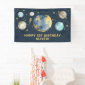 Navy Gold Buitenruimte Galaxy Maan Sterren Verjaar Spandoek (Insitu)
