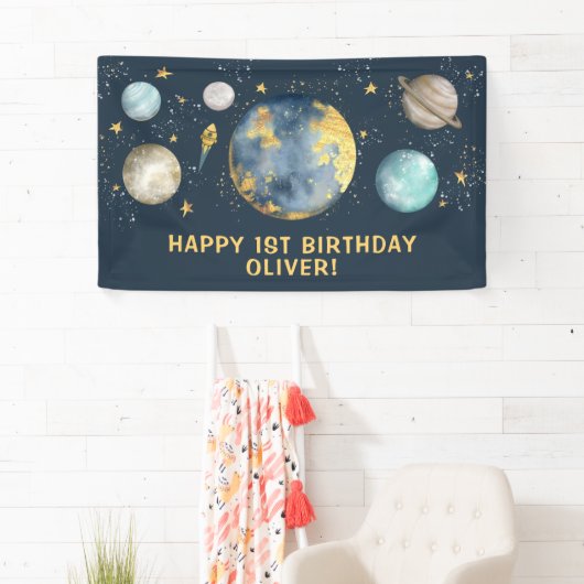 Navy Gold Buitenruimte Galaxy Maan Sterren Verjaar Spandoek (Insitu)