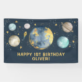 Navy Gold Buitenruimte Galaxy Maan Sterren Verjaar Spandoek (Horizontaal)