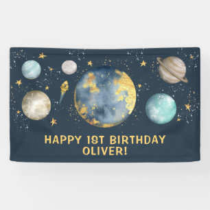 Navy Gold Buitenruimte Galaxy Maan Sterren Verjaar Spandoek