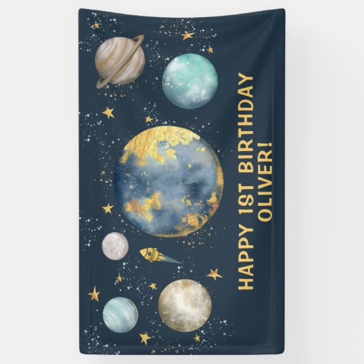 Navy Gold Buitenruimte Galaxy Maan Sterren Verjaar Spandoek (Verticaal)
