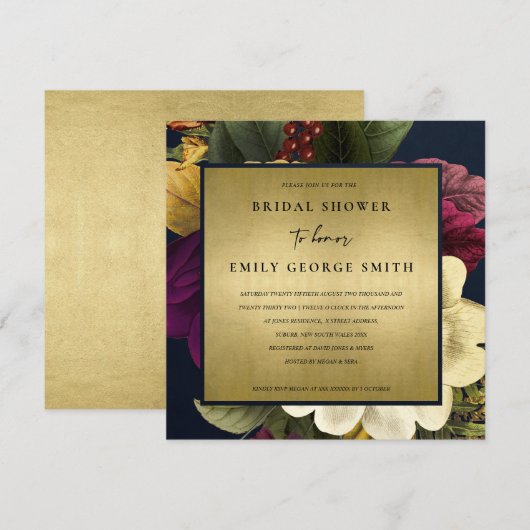 NAVY GOLD  BURGUNDY FLORAL VRIJGEZELLENFEEST KAART (Voorkant / Achterkant)