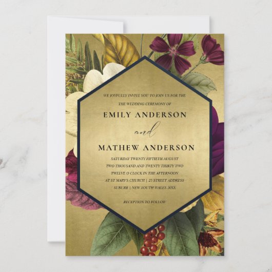 NAVY GOLD  BURGUNDY OCHRE FLORAL WEDING KAART (Voorkant)