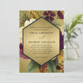NAVY GOLD  BURGUNDY OCHRE FLORAL WEDING KAART (Staand voorkant)