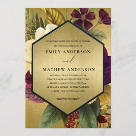 NAVY GOLD  BURGUNDY OCHRE FLORAL WEDING KAART