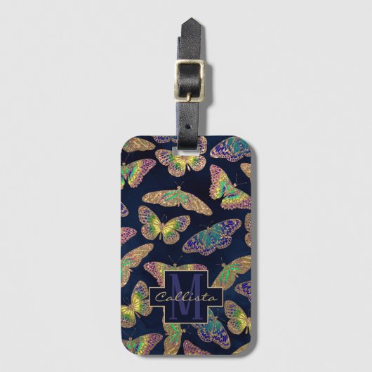 Navy Gold Butterflies Glitter Waterverf Monogram Bagagelabel (Voorkant (verticaal))