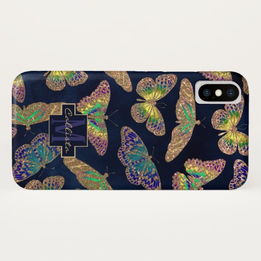 Navy Gold Butterflies Glitter Waterverf Monogram Case-Mate iPhone Case (Achterkant (horizontaal))