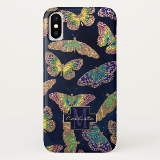 Navy Gold Butterflies Glitter Waterverf Monogram Case-Mate iPhone Case (Achterkant)