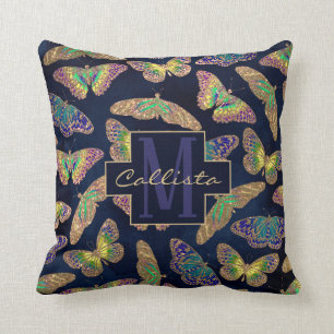 Navy Gold Butterflies Glitter Waterverf Monogram Kussen