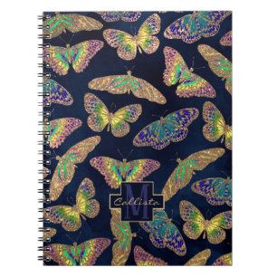 Navy Gold Butterflies Glitter Waterverf Monogram Notitieboek