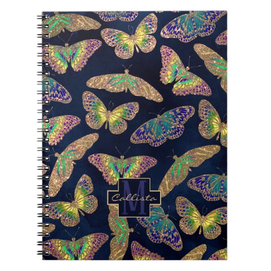 Navy Gold Butterflies Glitter Waterverf Monogram Notitieboek (Voorkant)