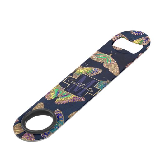 Navy Gold Butterflies Glitter Waterverf Monogram Speed Flessenopener (Voorkant Gekanteld)