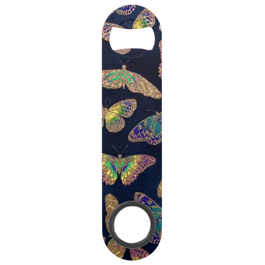 Navy Gold Butterflies Glitter Waterverf Monogram Speed Flessenopener (Achterkant)