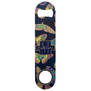 Navy Gold Butterflies Glitter Waterverf Monogram Speed Flessenopener