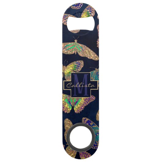 Navy Gold Butterflies Glitter Waterverf Monogram Speed Flessenopener (Voorkant)