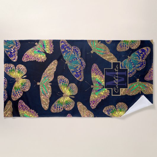Navy Gold Butterflies Glitter Waterverf Monogram Strandlaken (Voorkant)