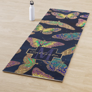 Navy Gold Butterflies Glitter Waterverf Monogram Yogamat