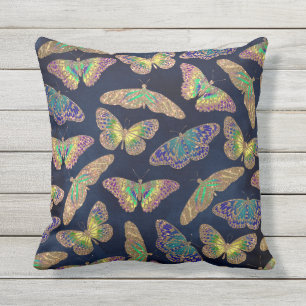 Navy Gold Butterflies Glitter Waterverf Patroon Buitenkussen
