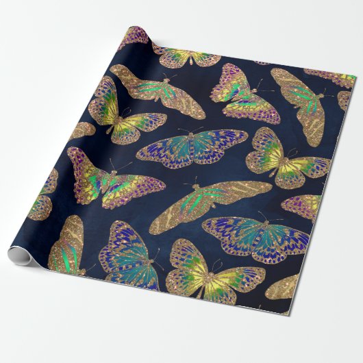 Navy Gold Butterflies Glitter Waterverf Patroon Cadeaupapier (Uitgerold)