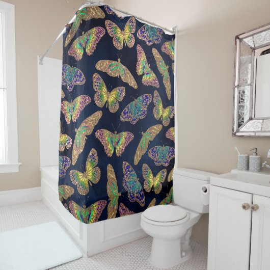 Navy Gold Butterflies Glitter Waterverf Patroon Douchegordijn (In situ)