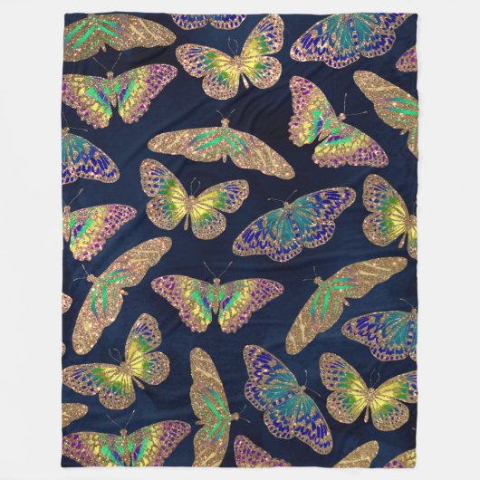 Navy Gold Butterflies Glitter Waterverf Patroon Fleece Deken (Voorkant)