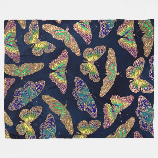 Navy Gold Butterflies Glitter Waterverf Patroon Fleece Deken (Voorkant (Horizontaal))