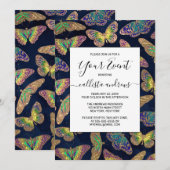 Navy Gold Butterflies Glitter Waterverf Patroon Kaart (Voorkant / Achterkant)