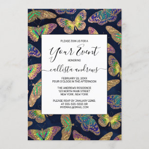 Navy Gold Butterflies Glitter Waterverf Patroon Kaart