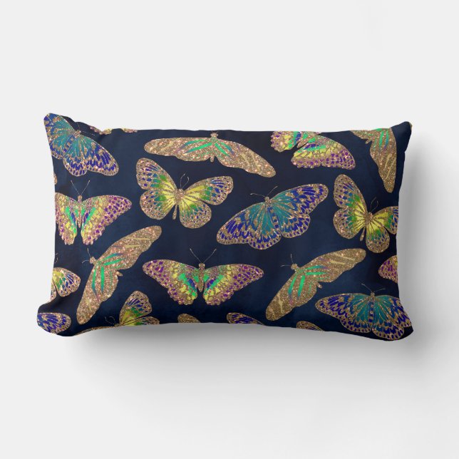 Navy Gold Butterflies Glitter Waterverf Patroon Kussen (Voorkant)