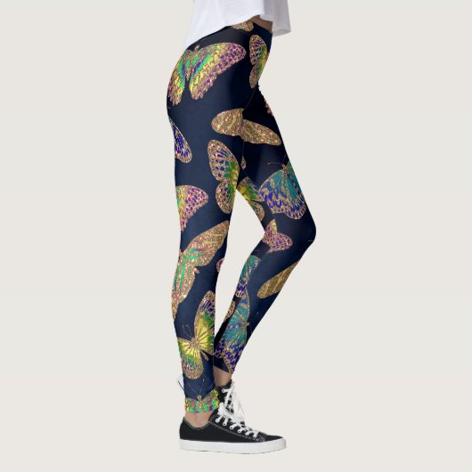 Navy Gold Butterflies Glitter Waterverf Patroon Leggings (Rechts)