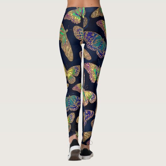 Navy Gold Butterflies Glitter Waterverf Patroon Leggings (Achterkant)
