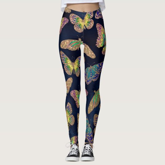 Navy Gold Butterflies Glitter Waterverf Patroon Leggings (Voorkant)